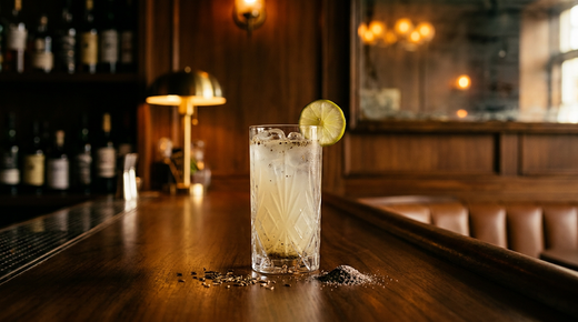 Shikanji trouble et épicée dans un verre haut, rondelle de citron vert et graines de cumin, comptoir de teck huilé