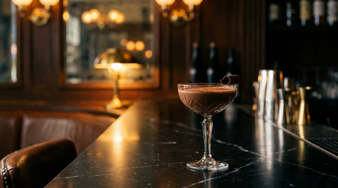 Chocolate martini dans une coupe, voile de cacao et copeau de chocolat, marbre noir veine blanc