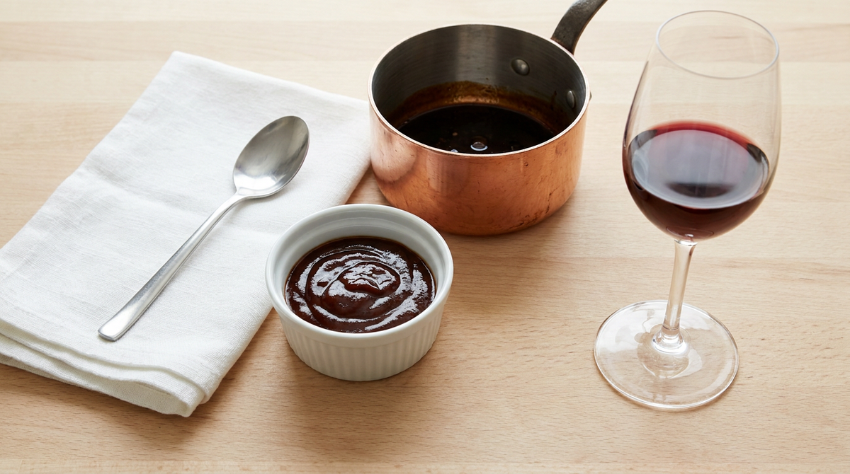 Ramequin de glace de viande brune et brillante, casserole en cuivre, cuillère sur torchon, verre de vin rouge