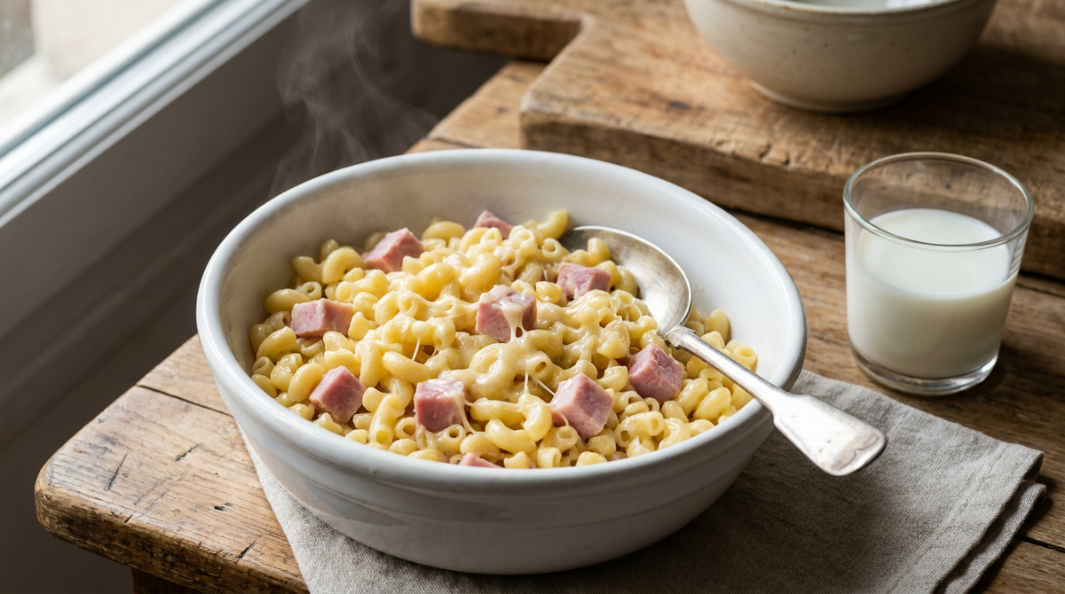 Bol en faïence blanche de coquillettes au jambon, pâtes brillantes de beurre, dés de jambon rose, gruyère râpé qui fond dessus, cuillère d'enfant, table de cuisine en bois clair, verre de lait