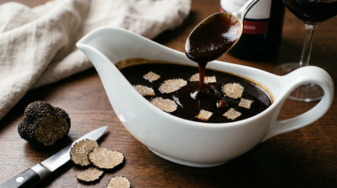 Sauce Périgueux dans une saucière blanche, jus brun très foncé et brillant chargé de truffe noire, truffe entière à côté