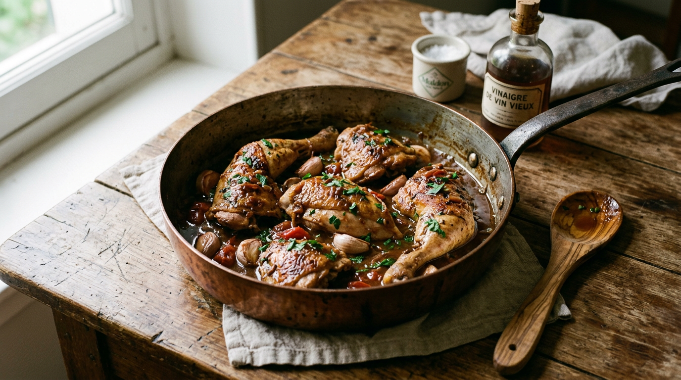 Poulet au vinaigre lyonnais dans une sautéuse en cuivre : morceaux dorés napés d'une sauce brune brillante, gousses d'ail en chemise, persil frais, bouteille de vinaigre de vin vieux