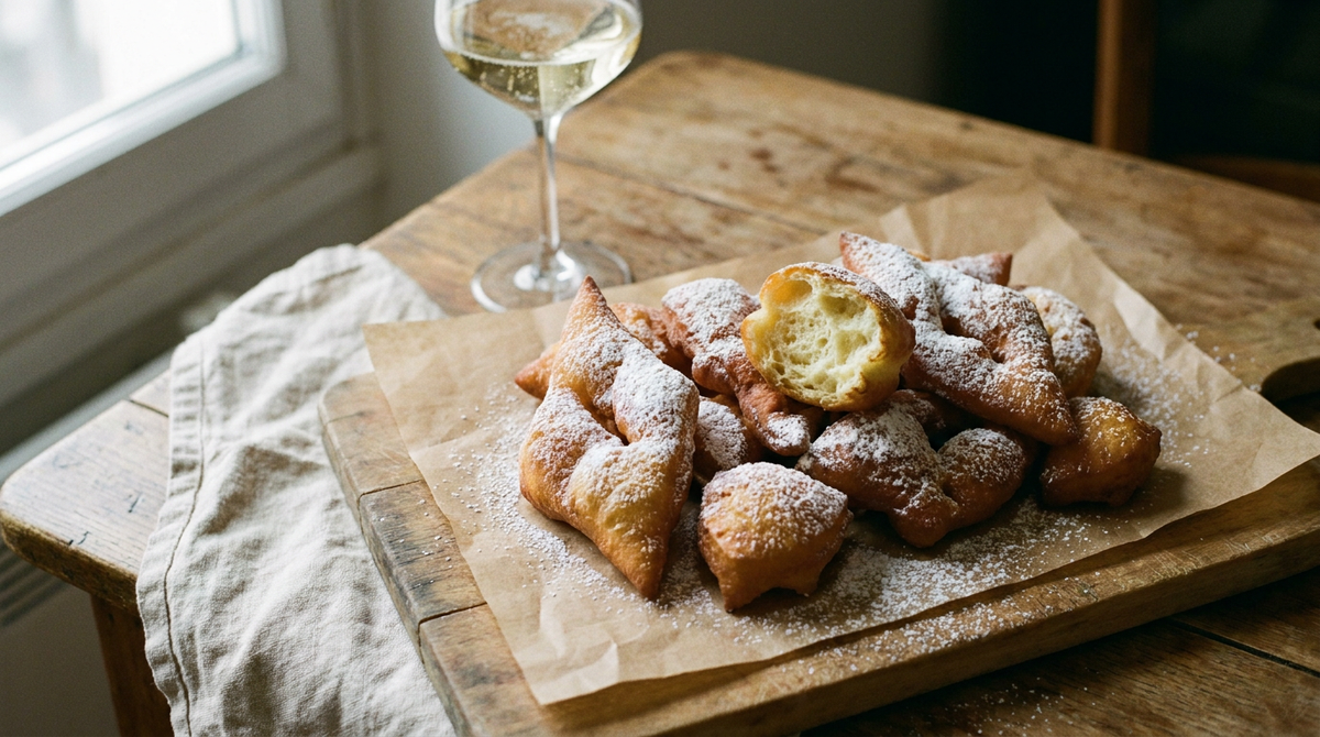 Beignets de carnaval gonflés et dorés saupoudrés de sucre glace dans un plat en émail, table de cuisine familiale, verre de crémant rosé