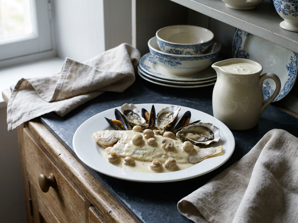 Sauce normande crémée nappant une sole pochée avec champignons, huîtres et moules, faïence normande bleue et blanche