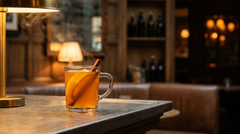 Mug en verre à anse d'une boisson chaude ambrée et fumante, large zeste d'orange et bâton de cannelle dedans, sur un comptoir d'étain bruni dans un bar chaleureux