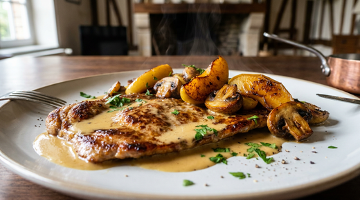Escalope normande dorée nappée de sauce ivoire, pommes caramélisées et champignons rissolés