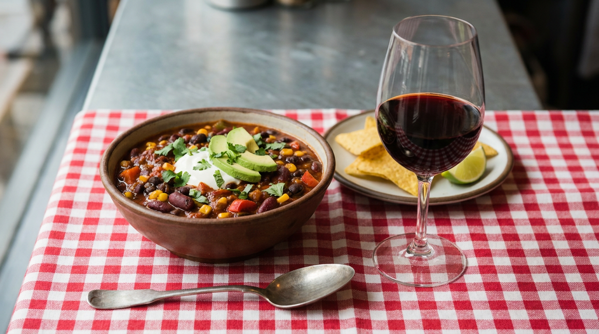 Chili sin carne dans un bol en grès, haricots rouges et noirs, maïs, crème et avocat, chips de maïs, verre de vin rouge, nappe à carreaux rouges