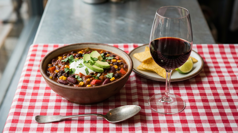 Chili sin carne dans un bol en grès, haricots rouges et noirs, maïs, crème et avocat, chips de maïs, verre de vin rouge, nappe à carreaux rouges