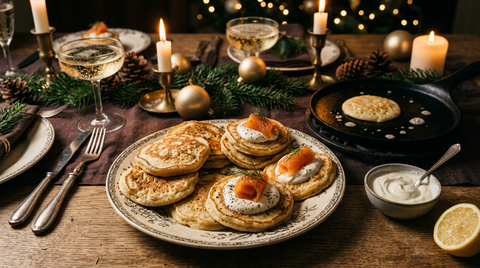 Blinis maison dorés et alvéolés sur une assiette ancienne, trois garnis de crème et de saumon fumé, poêle en fonte avec un blini en cuisson, sur une table de fête aux bougies