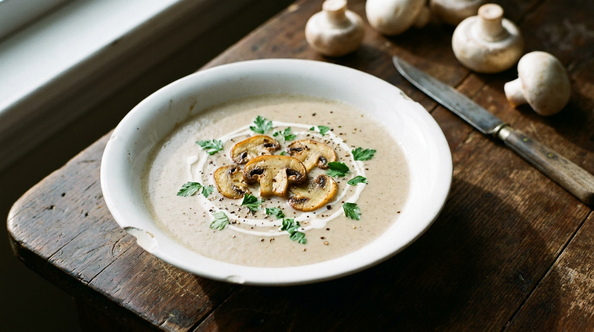 Crème de champignons de Paris beige dans une assiette creuse en porcelaine blanche ébréchée, lamelles de champignons dorées, crème et persil plat, champignons crus et couteau ancien