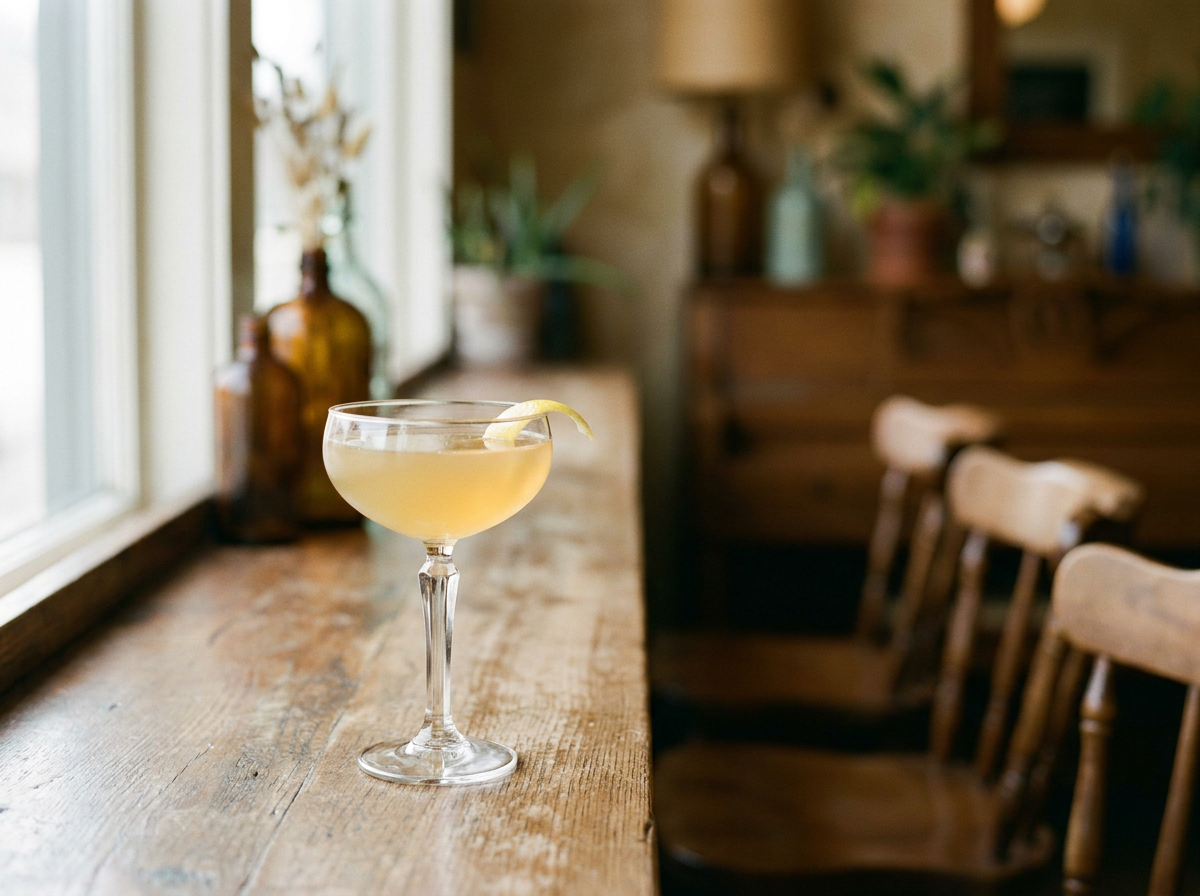 Cocktail Hanky Panky ambré dans une coupe, zeste d'orange, lumière naturelle