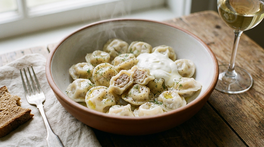 Bol en grès de pelmeni sibériens, petits raviolis pliés en anneau, pâte fine et translucide, beurre fondu, cuillerée de smetana, aneth ciselé, fourchette à plat, pain noir, verre de vin blanc, table en bois