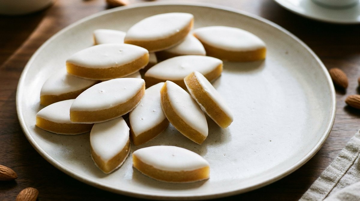 Calissons d'Aix en losanges pointus, pâte ambrée et glace royale blanche mate, amandes autour