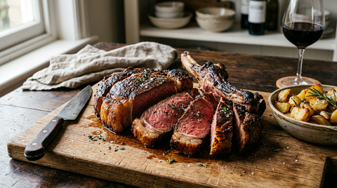 Côte de bœuf tranchée sur une planche en bois : croûte brune caramélisée et chair rouge rosé uniforme du bord au centre, fleur de sel, thym, pommes de terre sautées et verre de vin rouge