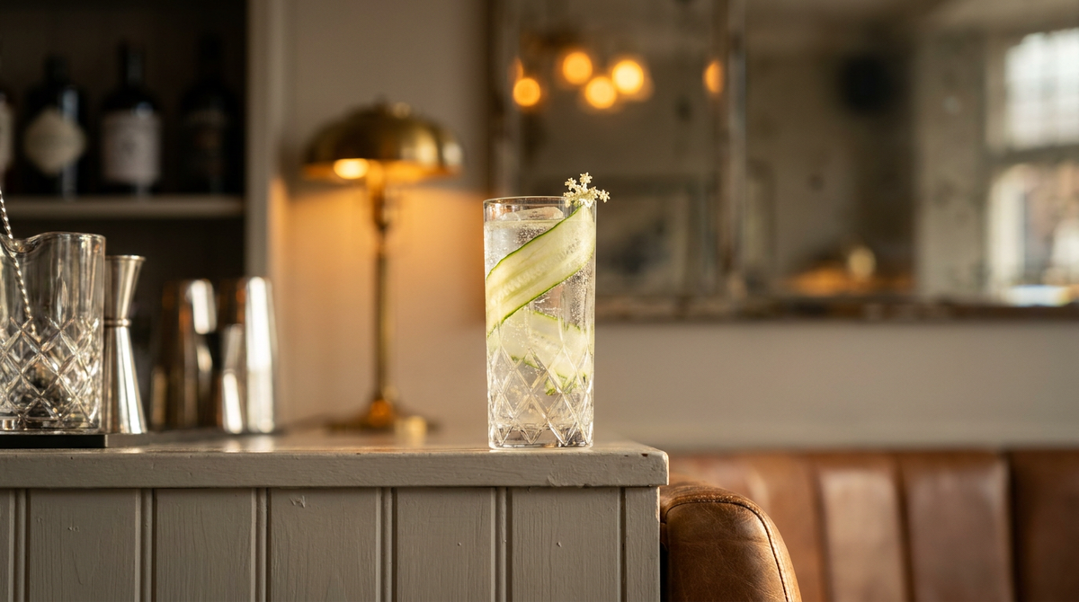 Mocktail concombre sureau dans un grand verre, ruban de concombre et fleur blanche, lambris peint gris clair