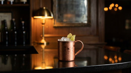 Burro dans un mug en cuivre givré de condensation, glace pilée, quartier de citron vert et rondelle de gingembre, comptoir de granit noir poli