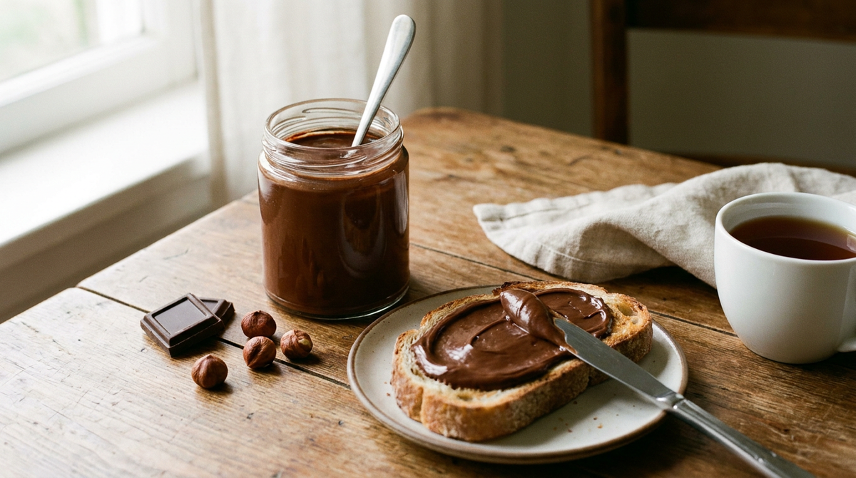 Bocal de pâte à tartiner maison aux noisettes et au chocolat, tartine de pain grillé généreusement nappée, noisettes entières, table de bois, tasse de thé