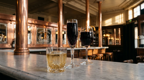 Trois verres d'apéritif d'Halloween préparés d'avance sur le comptoir de marbre d'une brasserie : flûte de cassis et crémant, verre bas pomme-calvados sur glaçon, verre à pied de vin rouge épicé
