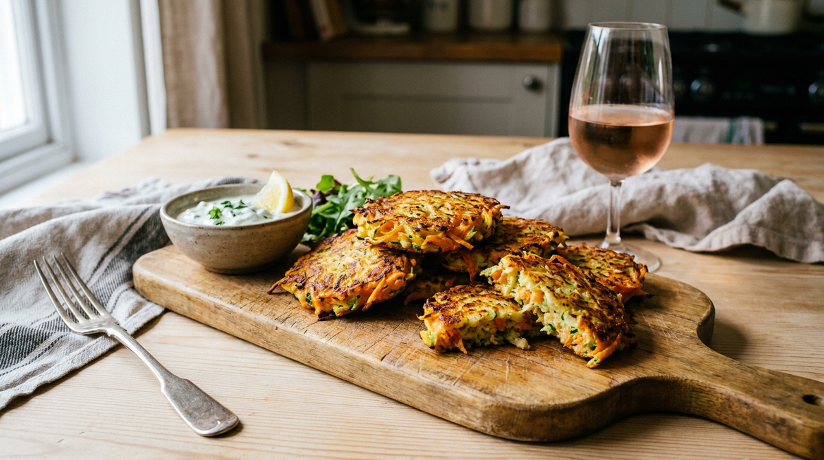 Galettes de légumes râpés dorées aux bords irréguliers, carotte et courgette visibles, empilées sur une planche avec un bol de sauce au yaourt aux herbes, table en bois clair
