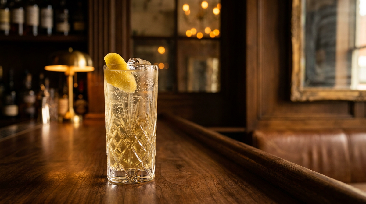 Presbyterian doré pâle et pétillant dans un grand verre, large zeste de citron, comptoir de noyer fumé