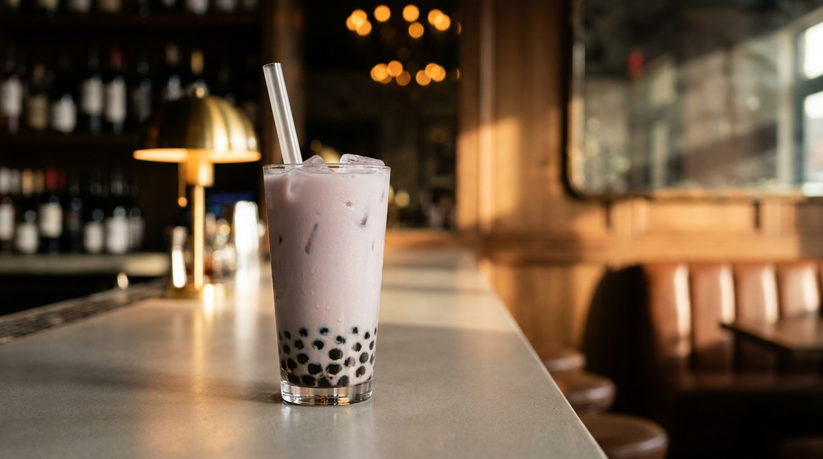 Bubble tea au taro lilas opaque avec des perles de tapioca noires au fond du verre, paille large, comptoir de béton gris perle