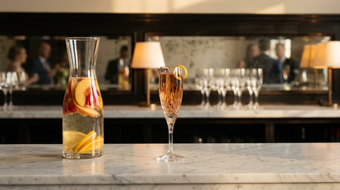 Carafe de crémant aux tranches de fruits et flûte servie devant, sur un comptoir de marbre, bar de réception à l'heure dorée, invités flous au fond