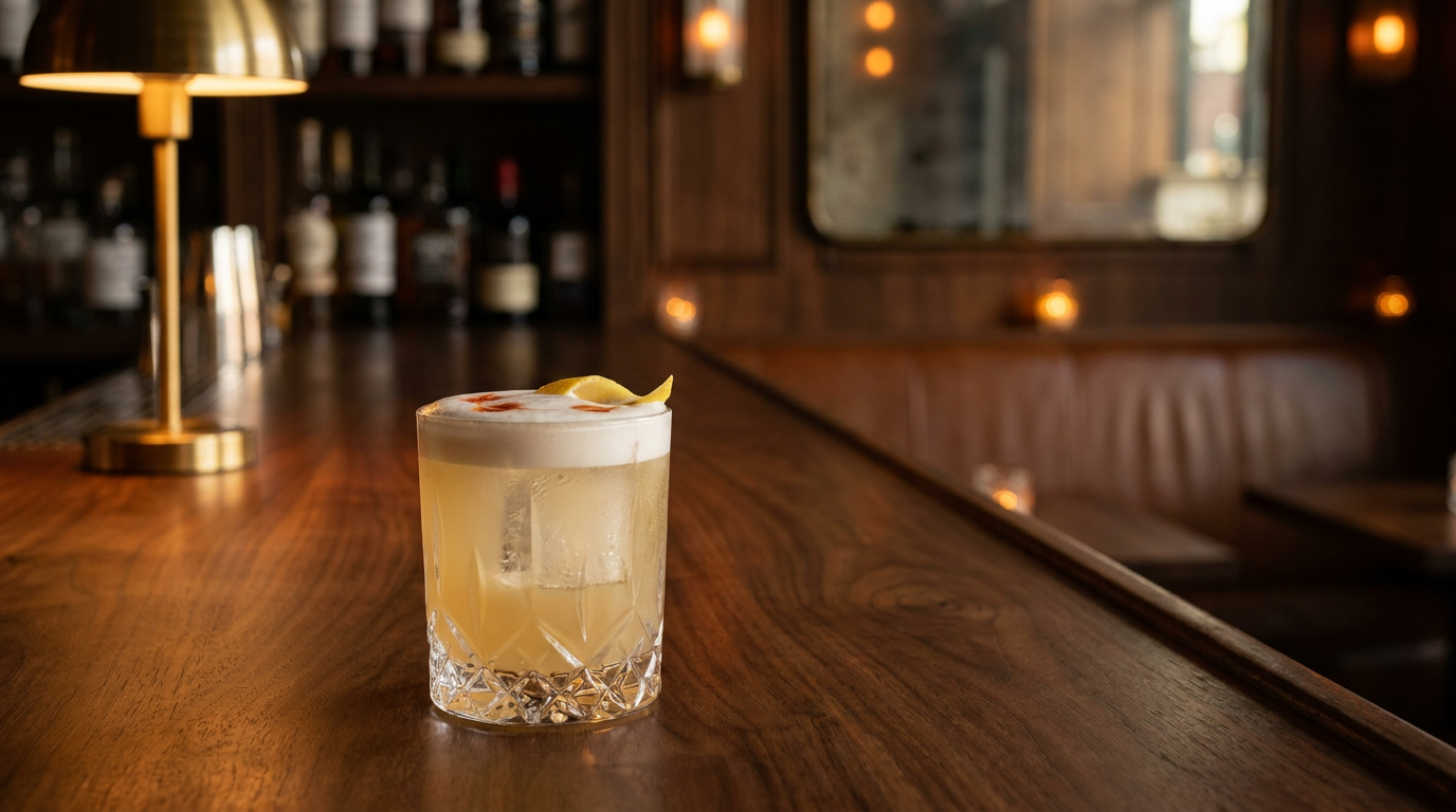 Vodka sour jaune paille coiffé d'une mousse de blanc d'oeuf et de gouttes d'amer rouge, verre old fashioned sur un comptoir de noyer poli