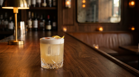 Vodka sour jaune paille coiffé d'une mousse de blanc d'oeuf et de gouttes d'amer rouge, verre old fashioned sur un comptoir de noyer poli