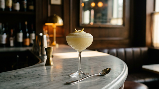 Coupe en cristal remplie d'une mousse pâle de sorbet au citron bombée au-dessus du bord, zeste fin posé dessus et cuiller argentée, sur un comptoir de marbre veiné dans un bar chic