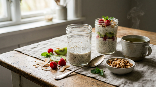 Chia pudding au lait d'amande dans deux pots en verre, gel crémeux aux graines de chia, framboises, kiwi et noix de coco grillée, un pot entamé, cuillère à plat, bol de granola, tasse de thé vert fumant, table en bois, lumière du matin
