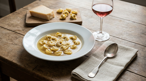 Tortellini in brodo de Bologne : une farce de longe de porc, mortadelle, jambon de Parme et parmesan, des anneaux pliés à la main, cuits et servis dans un bouillon de chapon et de bœuf démarré à froid, jamais bouilli