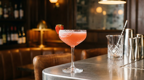 Margarita fraise sans alcool rose dans une coupe à bord de sel, demi-fraise sur le bord, plan de bar en inox