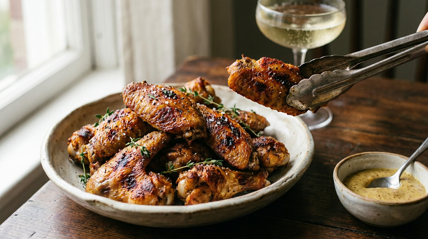 Ailes de poulet croustillantes à l'air fryer dans un plat en céramique, avec une sauce moutarde