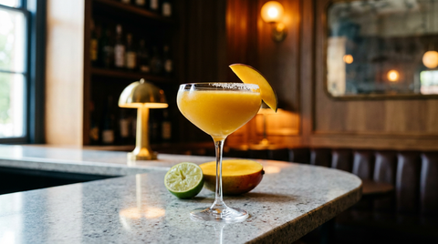 Margarita à la mangue en coupe, bord salé, sur un comptoir de granit gris