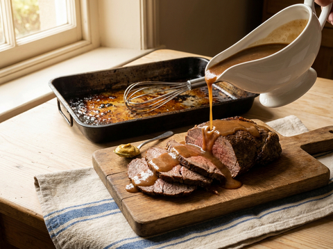 Gravy anglais versé d’une saucière en porcelaine sur des tranches de rôti de bœuf, plat à rôtir et fouet dans une cuisine de ferme
