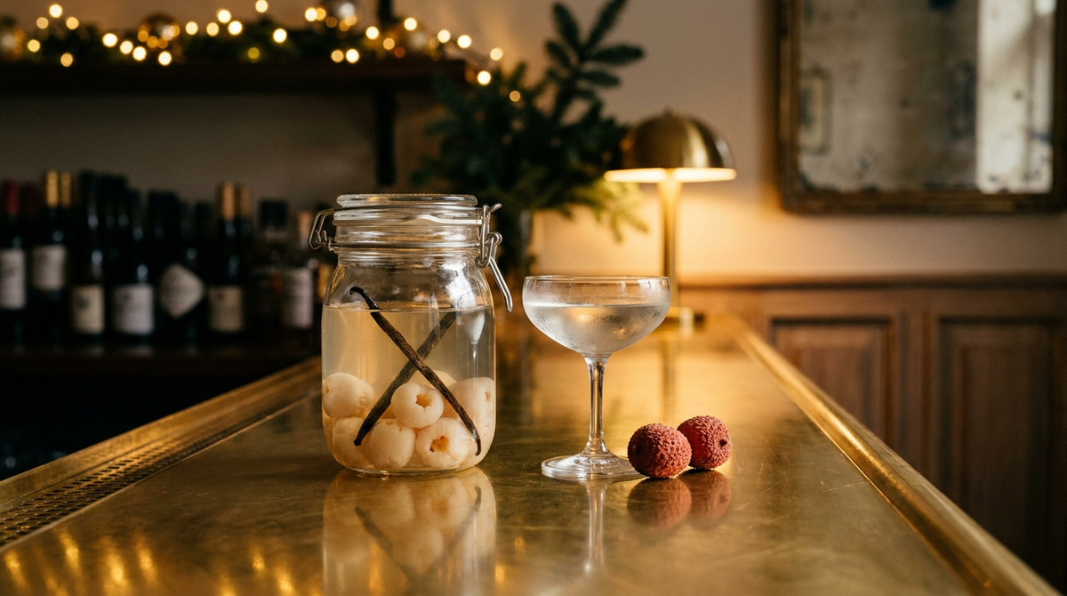 Bocal de rhum arrangé au litchi, litchis blancs pelés et gousse de vanille dans le rhum pâle, sur un comptoir de laiton poli, petite coupe glacée servie, guirlande floue dorée au fond