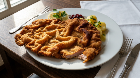 Wiener Schnitzel débordant de l'assiette, panure dorée boursouflée et décollée de la viande, citron, airelles et pommes de terre persillées