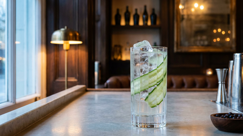 Gin tonic au concombre dans un grand verre, longues lanières de concombre enroulées contre la paroi, appui de fenêtre en pierre
