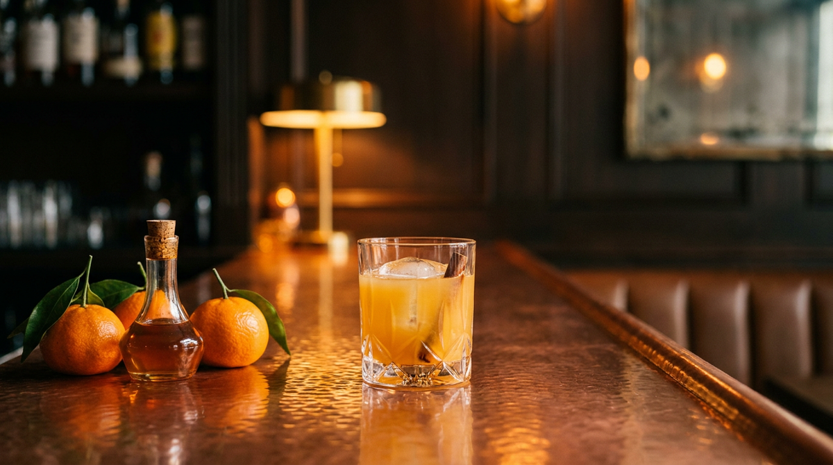 Mocktail à la clémentine orange clair dans un verre bas sur glace, bâton de cannelle et clémentines entières à côté, comptoir de cuivre martelé, lumière chaude de bar