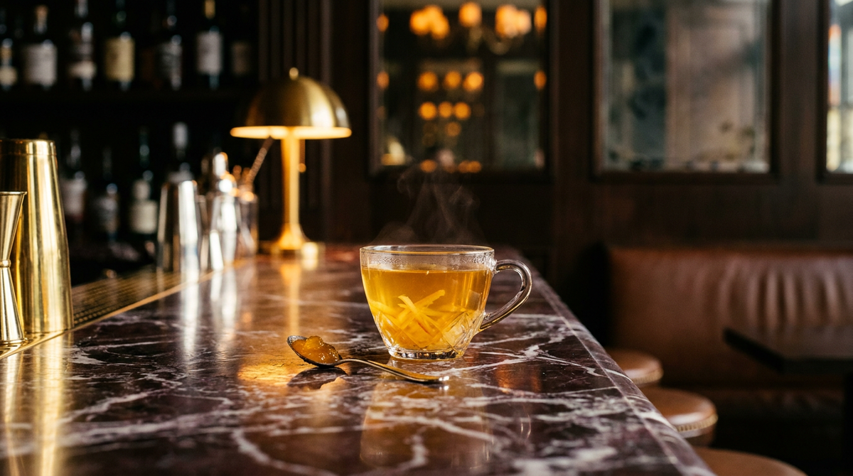 Yuja-cha doré fumant dans une tasse en verre avec des lanières d'écorce confite en suspension, comptoir de marbre Rosso Levanto