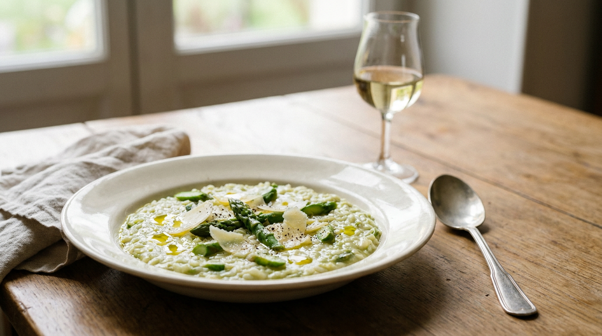 Risotto crémeux aux asperges vertes, pointes vertes et copeaux de parmesan, assiette creuse ivoire, table de bois, verre de vin blanc