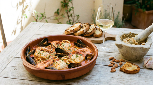 Zarzuela dans une cocotte en terre, ragoût de poissons blancs, moules, gambas et calamars en sauce tomate safranée, picada aux amandes, persil, pain grillé, verre de blanc pâle, table en bois, lumière chaude
