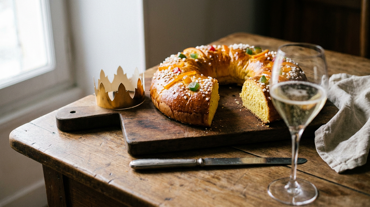 Couronne des rois briochée dorée aux fruits confits et sucre en grains, une part coupée, couronne en papier doré, planche de bois, verre de crémant
