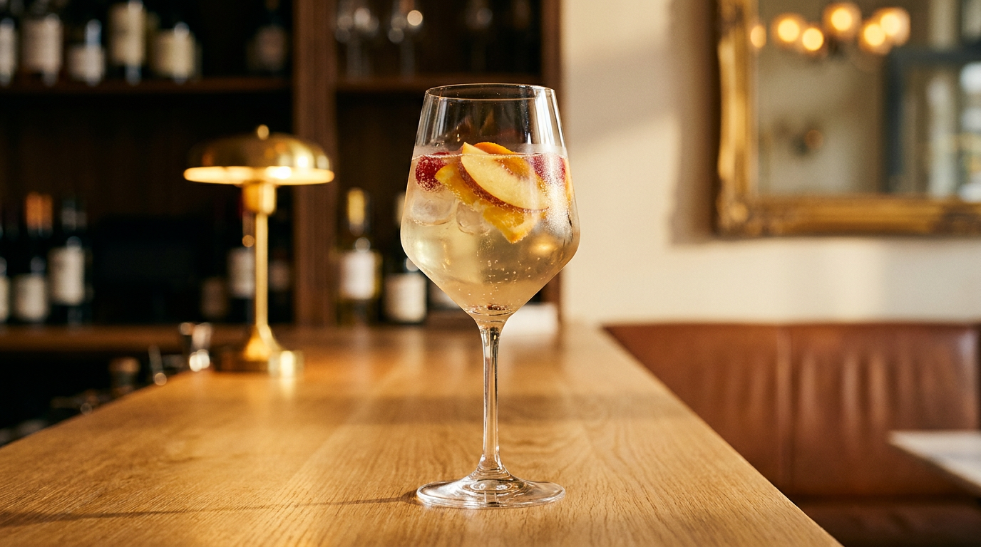 Sangria de cava dans un grand verre à vin, tranches de pêche et d'orange, comptoir de chêne clair ciré