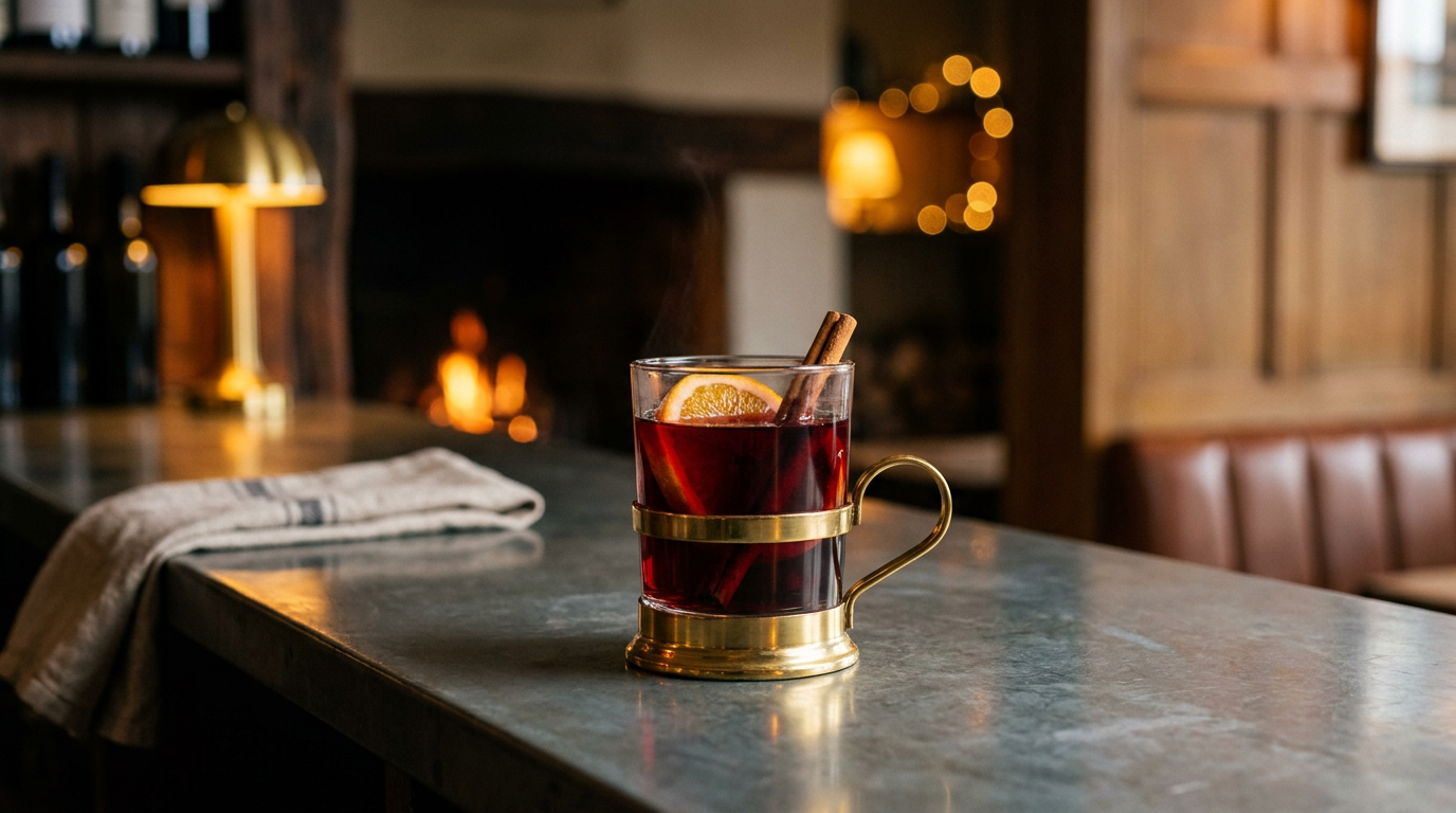 Vin chaud servi dans un verre à anse en laiton sur un comptoir de zinc, cheminée allumée au fond
