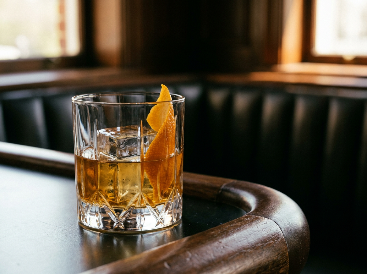Verre bas de Tequila Old Fashioned, tequila reposado ambrée sur gros glaçon avec zeste d'orange, lumière chaude