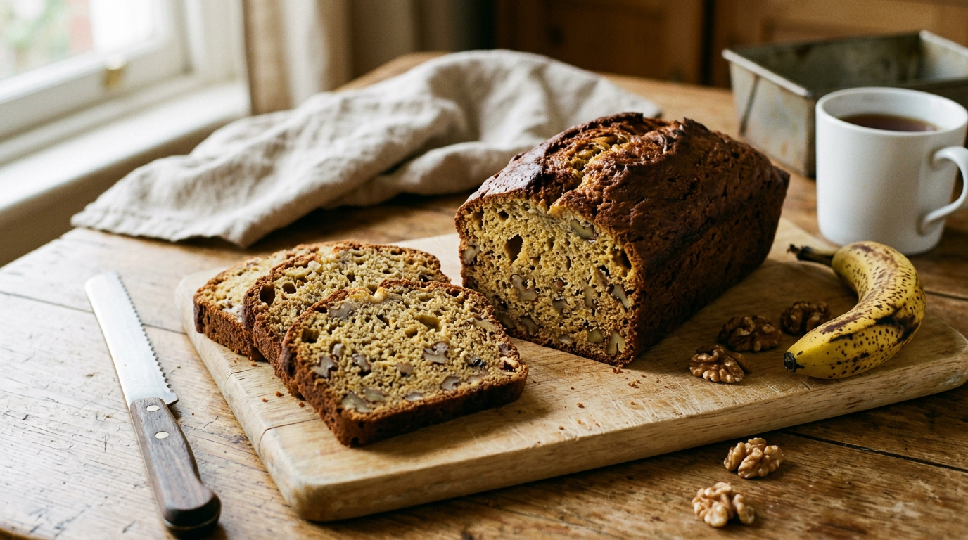 Banana bread démoulé sur une planche en bois, trois tranches coupées montrant une mie dense aux noix