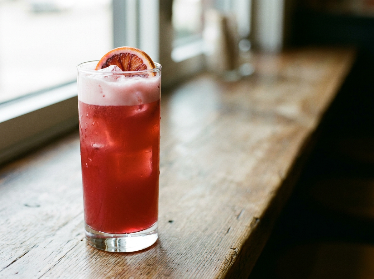 Sloe Gin Fizz rubis coiffé de mousse dans un verre highball, rondelle de citron