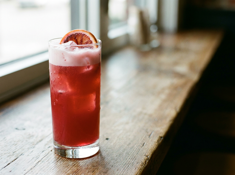 Sloe Gin Fizz rubis coiffé de mousse dans un verre highball, rondelle de citron