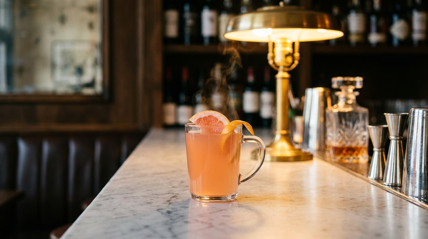 Mug en verre de vin chaud rosé corail fumant, rondelle de pamplemousse et zeste d'orange en surface, sur un comptoir de marbre veiné